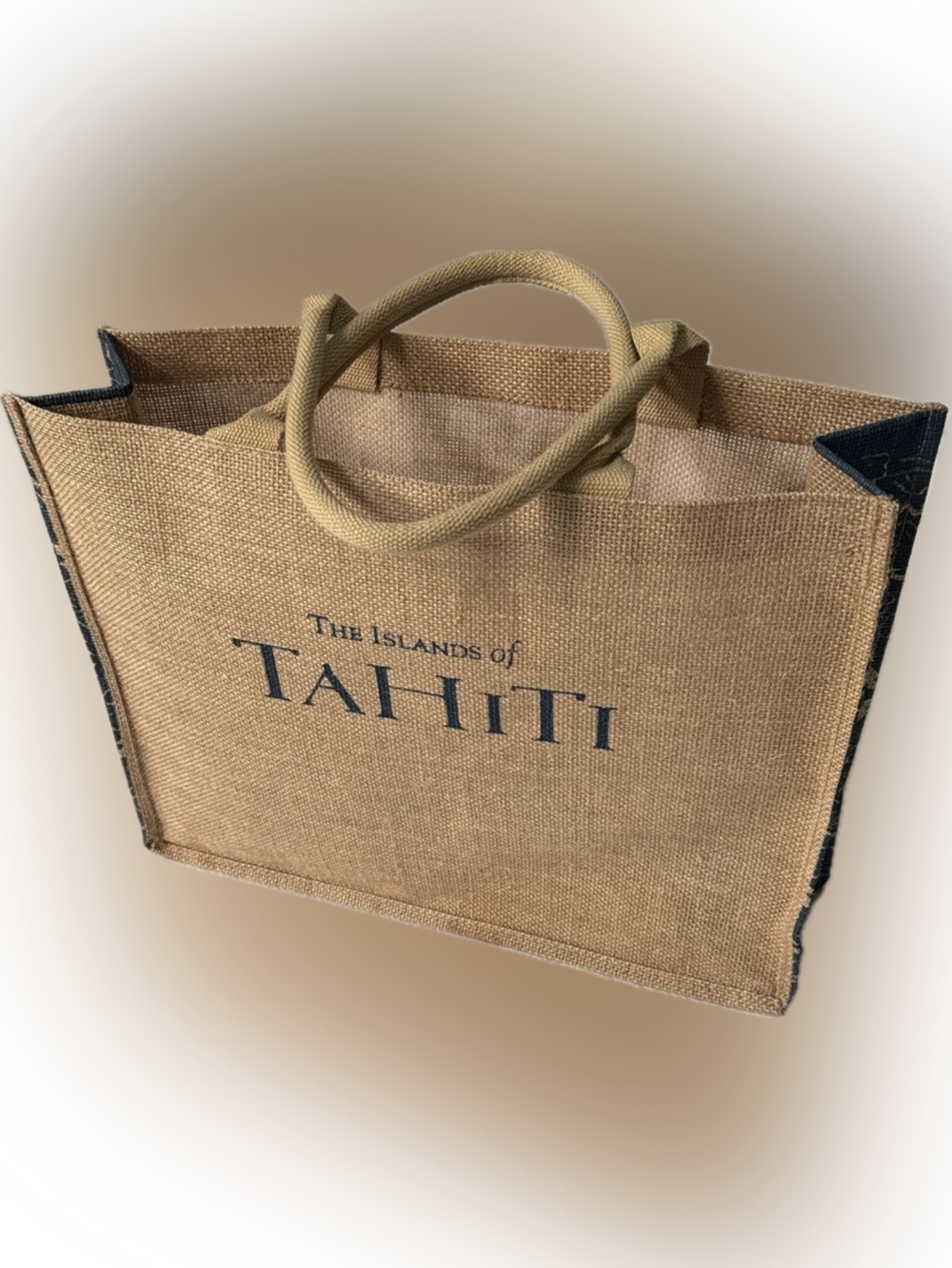 TAHITI TOTE BAG NATURAL JUTE Woven Fiber Eco Travel BEACH ISLAND Navy ≈ 17”x13”